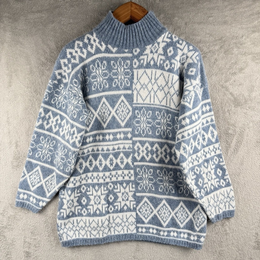 Needles & Yarn Sweater Women M Blue White Snowflake Holiday USA Made 80s 90s VTG